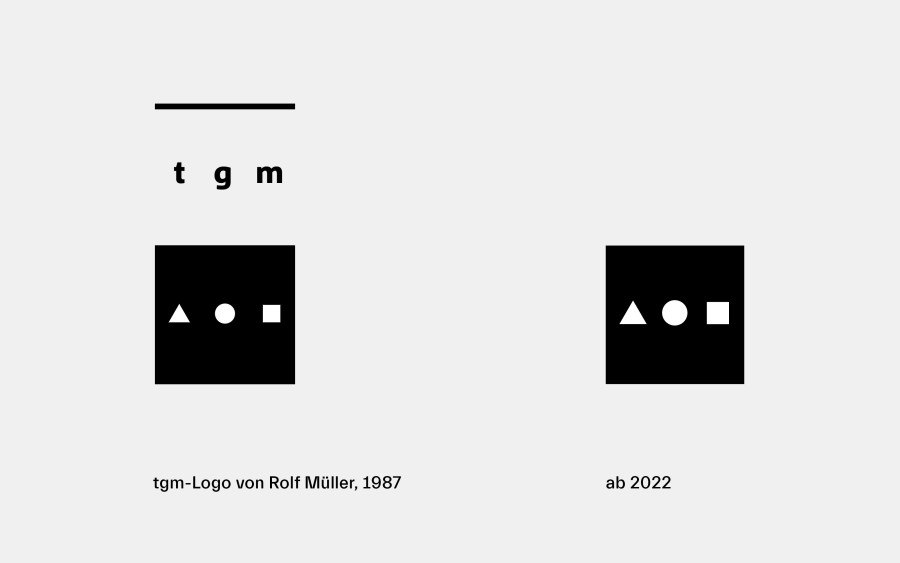 tgm-Logo von Rolf Müller, 1987, und neues Logo ab 2022 von Catherine Hersberger und Manuel Kreuzer