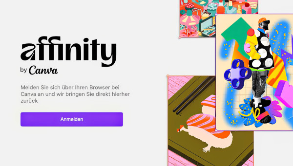 Eröffnungs-Screen beim neuen Affinity mit dem Text: „Melden Sie sich über Ihren Browser bei Canva an und wir bringen Sie direkt hierher zurück“