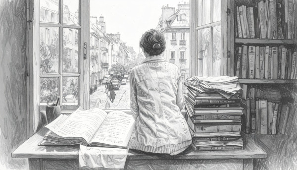 Und so saß sie denn, die junge Person, an ihrem Schreibtisch im Zimmer vor dem Fenster, den Blick auf die sehr vielen sehr voll geschriebenen Papiere und Bücher vor sich gerichtet – während draußen auf der Straße das Leben der Stadt vorbeizog. Man sieht die Person von hinten. Bleistiftzeichnung in schwarz-weiß. Bild mit KI generiert.