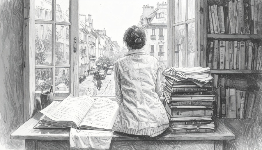 Und so saß sie denn, die junge Person, an ihrem Schreibtisch im Zimmer vor dem Fenster, den Blick auf die sehr vielen sehr voll geschriebenen Papiere und Bücher vor sich gerichtet – während draußen auf der Straße das Leben der Stadt vorbeizog. Man sieht die Person von hinten. Bleistiftzeichnung in schwarz-weiß. Bild mit KI generiert.
