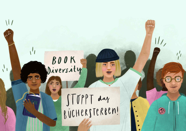 Illustration zeigt mehrere Studierende mit Schild »Stoppt das Büchersterben«