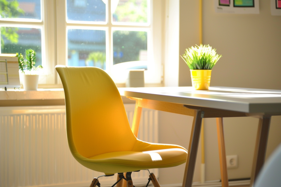 Ein sonnendurchfluteter Büroarbeitsplatz mit einem skandinavischen, gelben Stuhl vor einer weißen Tischplatte.