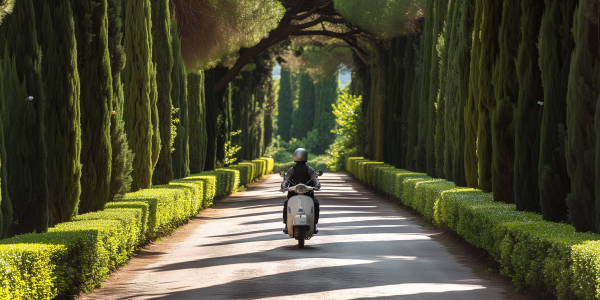 Ein KI-generiertes Bild eines Vespafahrers. Die Vespa fährt auf den Betrachter zu, der Helm ist aber um 180 Grad gedreht und zeigt nach hinten.